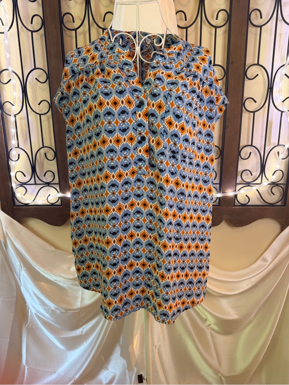 Carolina Belle Blue and Orange Geometric Print Top